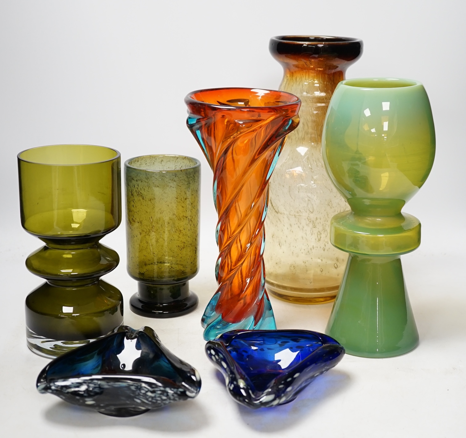 Seven mid 20th century glass items including; a Murano glass vase and six Polish glass items, tallest 30.5cm